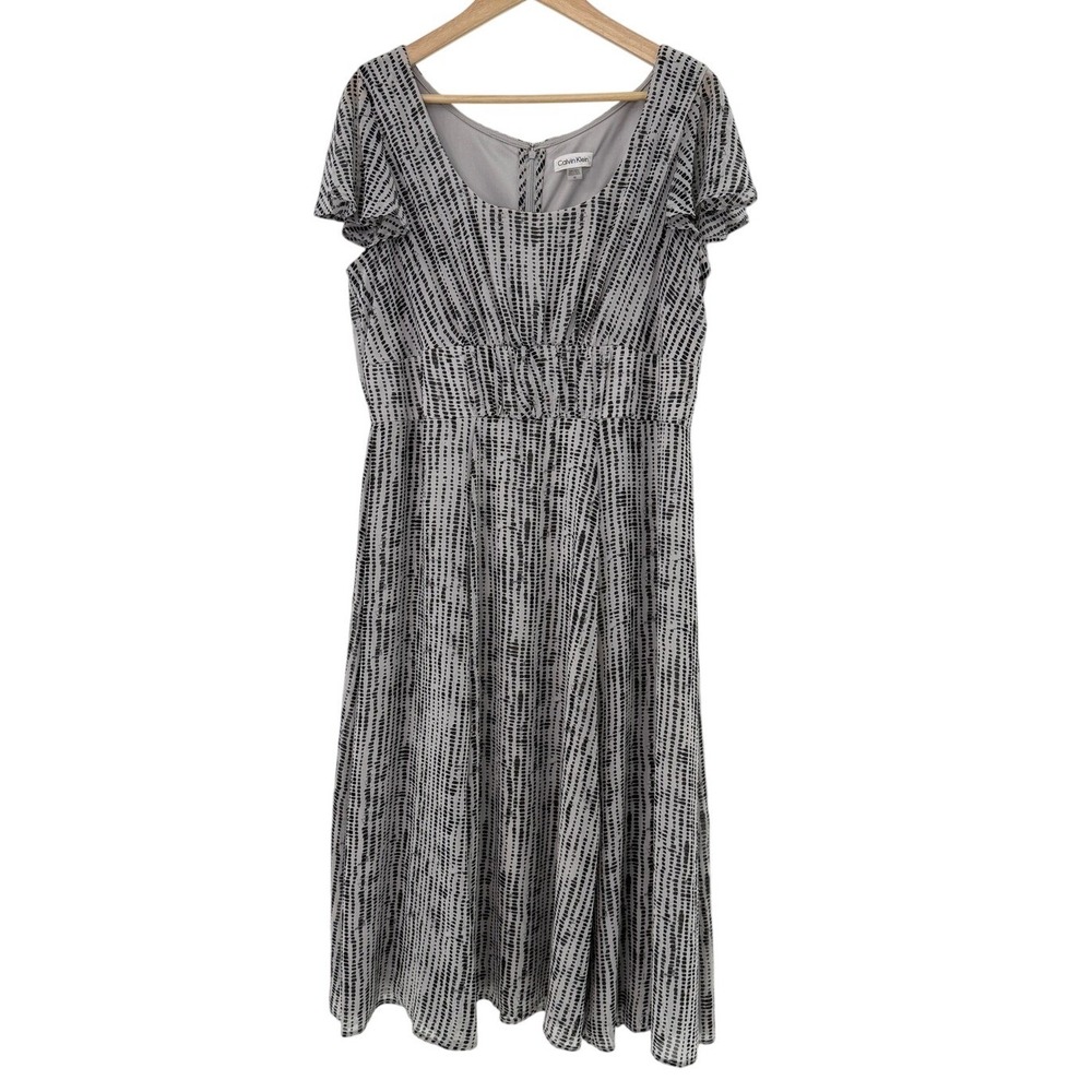 Calvin‎ Klein Grey Black Abstract Dash Flutter Sleeve Empire Waist Midi Dress 14